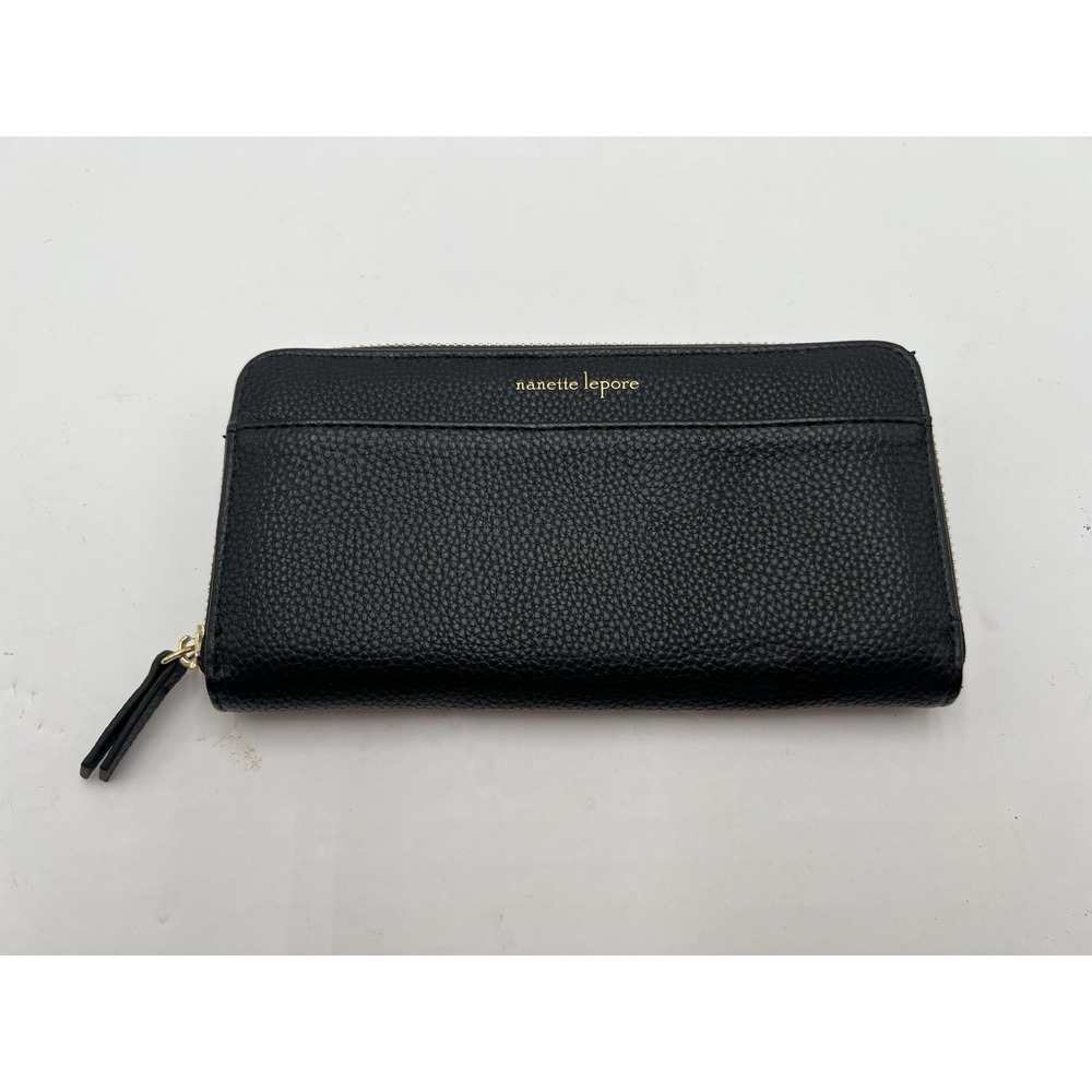 Nanette Lepore Black Zip Around Continental Wallet Gold Tone Pebbled